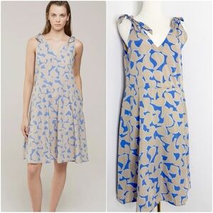 Rosso 35 Abstract Print Tie-Shoulder Dress Blue Beige Size 6